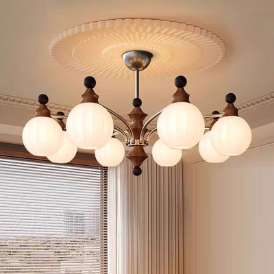 Contemporary Retro Hardware Wood Frame Glass Ball 3/5/8-Light Chandelier For Living Room