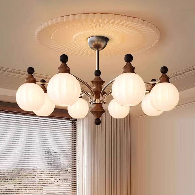 Contemporary Retro Hardware Wood Frame Glass Ball 3/5/8-Light Chandelier For Living Room