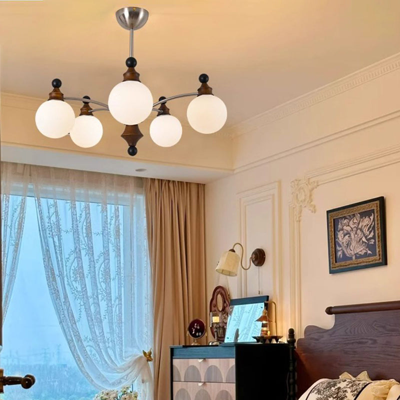 Contemporary Retro Hardware Wood Frame Glass Ball 3/5/8-Light Chandelier For Living Room