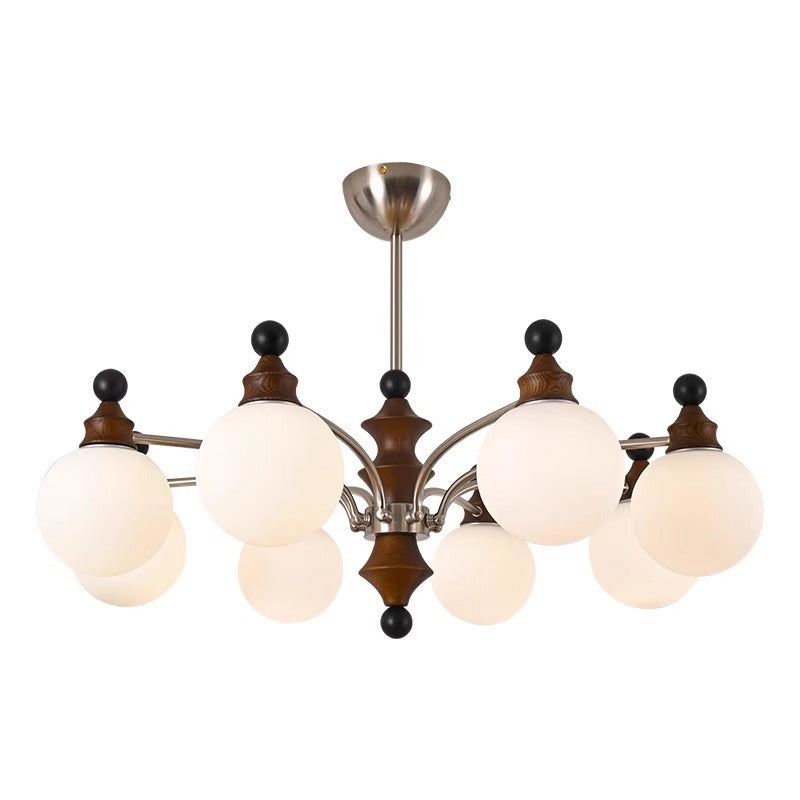 Contemporary Retro Hardware Wood Frame Glass Ball 3/5/8-Light Chandelier For Living Room