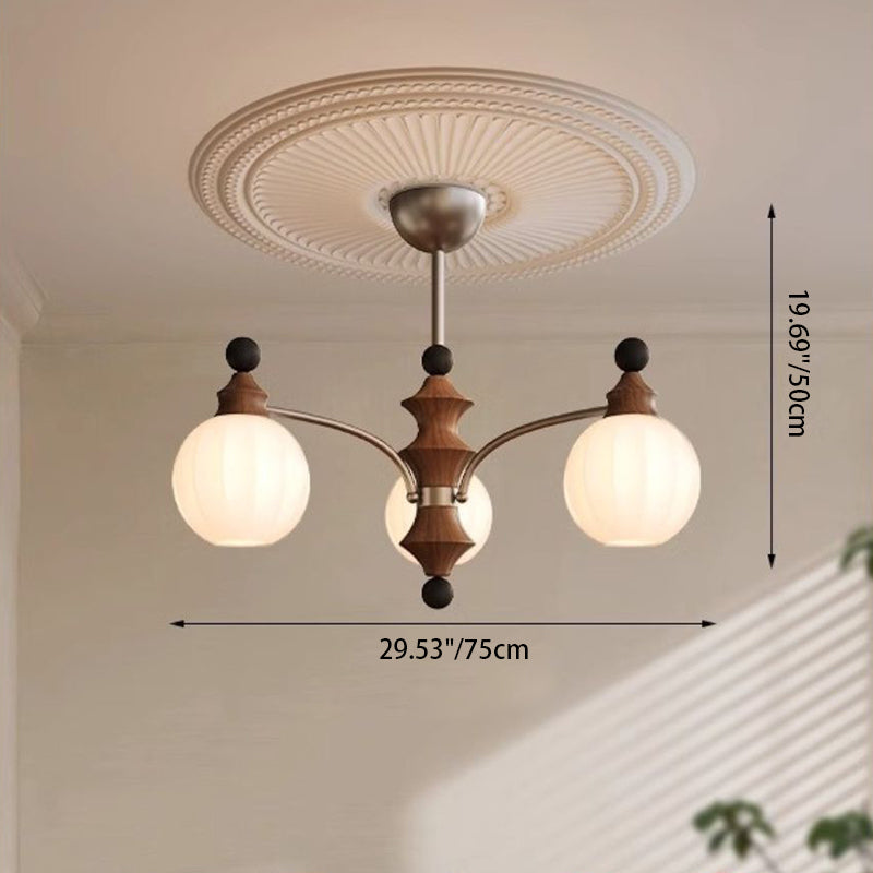 Contemporary Retro Hardware Wood Frame Glass Ball 3/5/8-Light Chandelier For Living Room