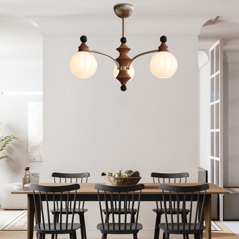 Contemporary Retro Hardware Wood Frame Glass Ball 3/5/8-Light Chandelier For Living Room