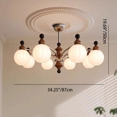 Contemporary Retro Hardware Wood Frame Glass Ball 3/5/8-Light Chandelier For Living Room