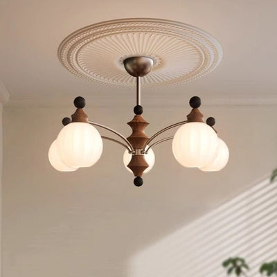 Contemporary Retro Hardware Wood Frame Glass Ball 3/5/8-Light Chandelier For Living Room