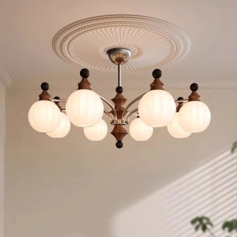 Contemporary Retro Hardware Wood Frame Glass Ball 3/5/8-Light Chandelier For Living Room