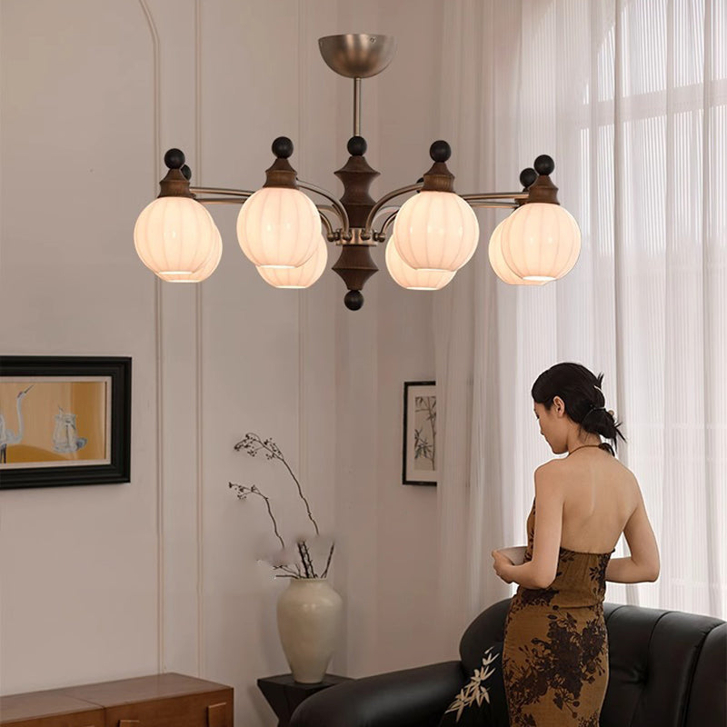 Contemporary Retro Hardware Wood Frame Glass Ball 3/5/8-Light Chandelier For Living Room