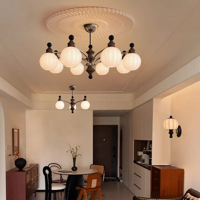 Contemporary Retro Hardware Wood Frame Glass Ball 3/5/8-Light Chandelier For Living Room
