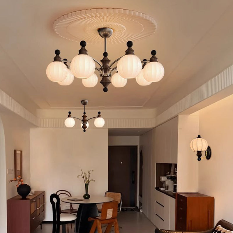 Contemporary Retro Hardware Wood Frame Glass Ball 3/5/8-Light Chandelier For Living Room