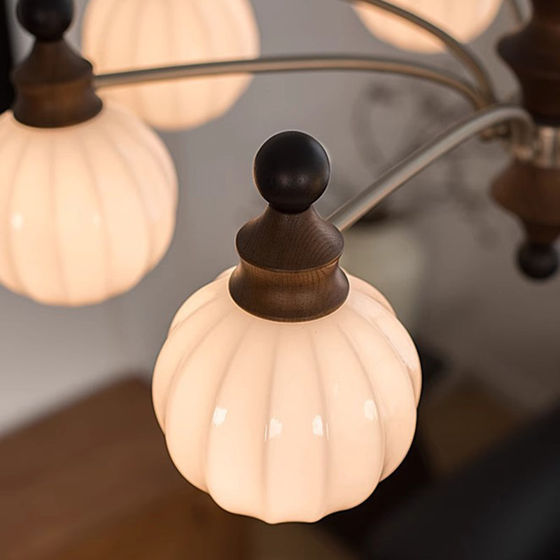 Contemporary Retro Hardware Wood Frame Glass Ball 3/5/8-Light Chandelier For Living Room