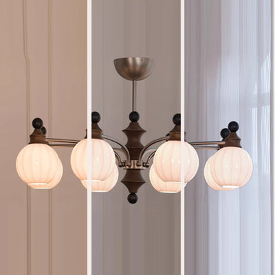 Contemporary Retro Hardware Wood Frame Glass Ball 3/5/8-Light Chandelier For Living Room