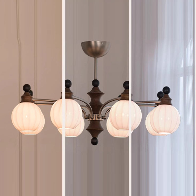 Contemporary Retro Hardware Wood Frame Glass Ball 3/5/8-Light Chandelier For Living Room