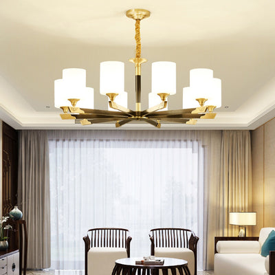 Traditionelle chinesische Messing-Glaszylinder-Lampenschirm 3/6/8/10/15-Licht Kronleuchter für Esszimmer 