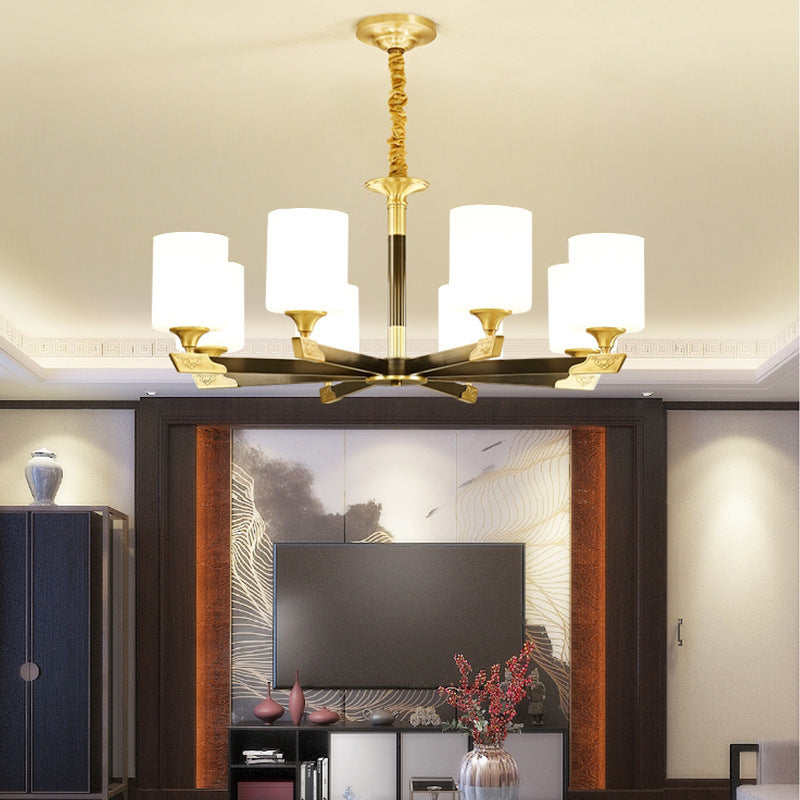 Traditionelle chinesische Messing-Glaszylinder-Lampenschirm 3/6/8/10/15-Licht Kronleuchter für Esszimmer 