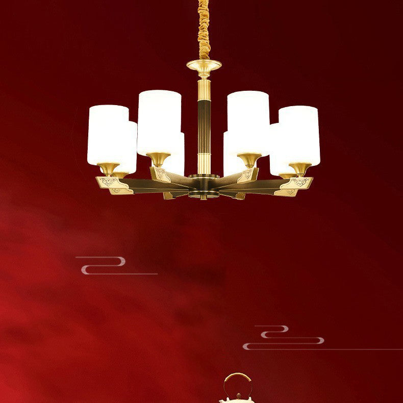 Traditionelle chinesische Messing-Glaszylinder-Lampenschirm 3/6/8/10/15-Licht Kronleuchter für Esszimmer 