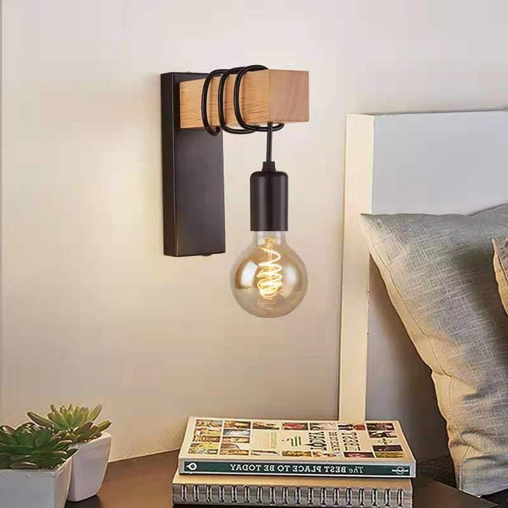 Aplique de pared contemporáneo industrial rectangular con base cuadrada de madera y brazo de vidrio con 1 luz para dormitorio 