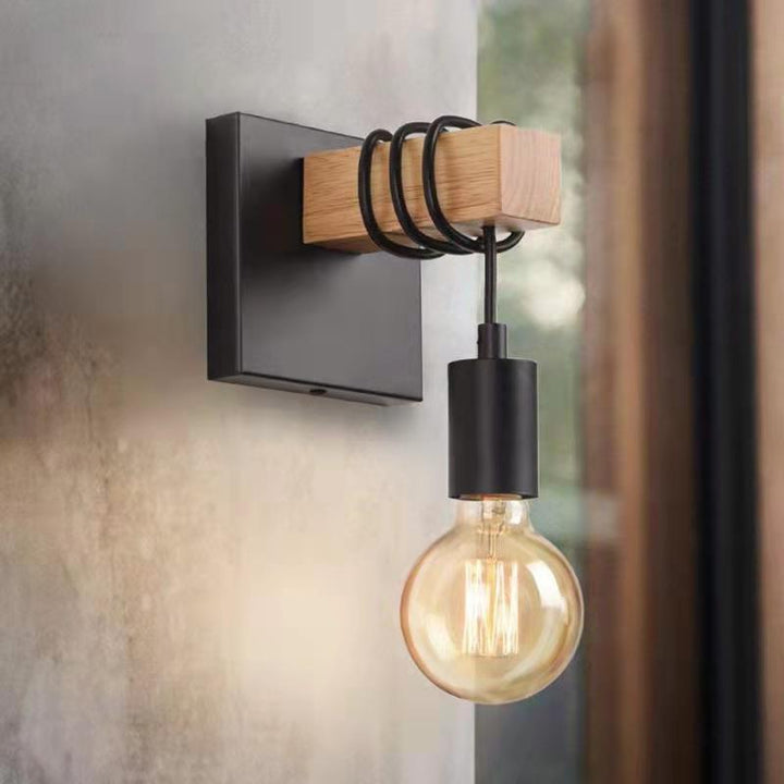 Aplique de pared contemporáneo industrial rectangular con base cuadrada de madera y brazo de vidrio con 1 luz para dormitorio 
