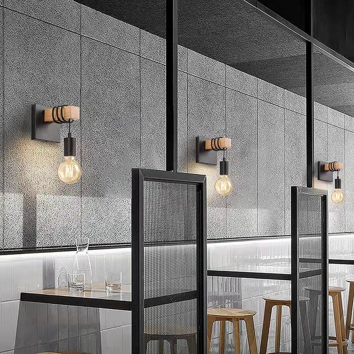 Aplique de pared contemporáneo industrial rectangular con base cuadrada de madera y brazo de vidrio con 1 luz para dormitorio 