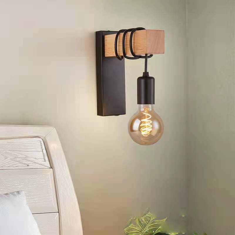 Lampe contemporaine murale à un bras en verre avec base carrée rectangulaire en bois pour chambre à coucher 
