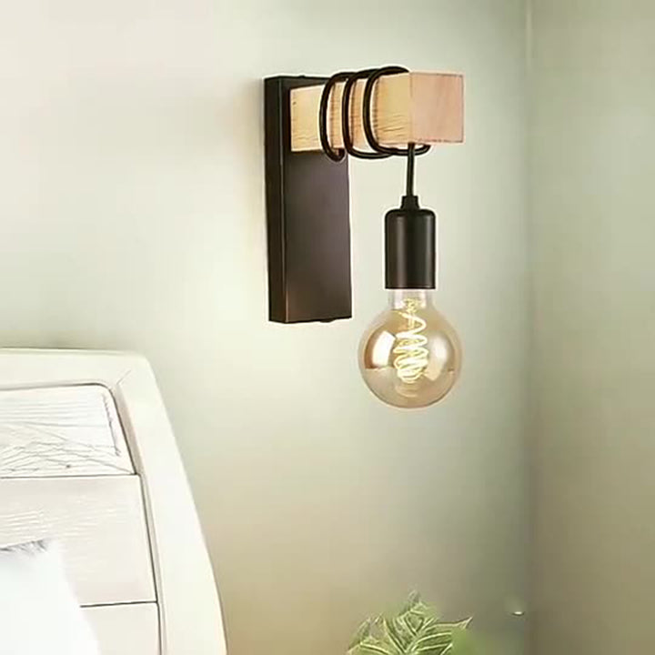 Aplique de pared contemporáneo industrial rectangular con base cuadrada de madera y brazo de vidrio con 1 luz para dormitorio 