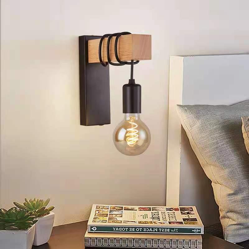 Lampe contemporaine murale à un bras en verre avec base carrée rectangulaire en bois pour chambre à coucher 