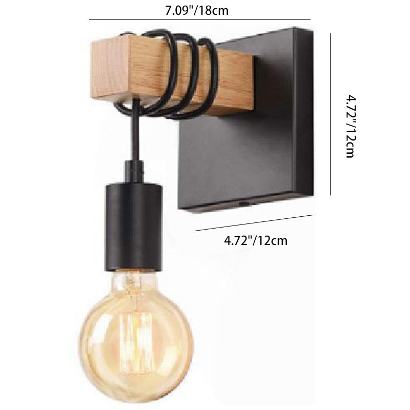 Aplique de pared contemporáneo industrial rectangular con base cuadrada de madera y brazo de vidrio con 1 luz para dormitorio 