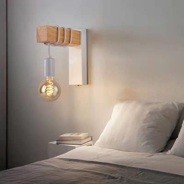 Aplique de pared contemporáneo industrial rectangular con base cuadrada de madera y brazo de vidrio con 1 luz para dormitorio 