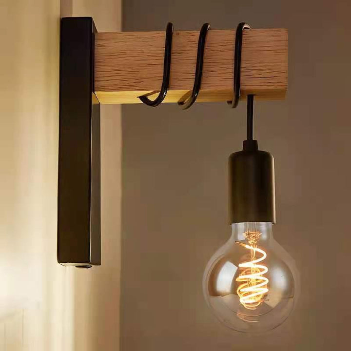 Aplique de pared contemporáneo industrial rectangular con base cuadrada de madera y brazo de vidrio con 1 luz para dormitorio 