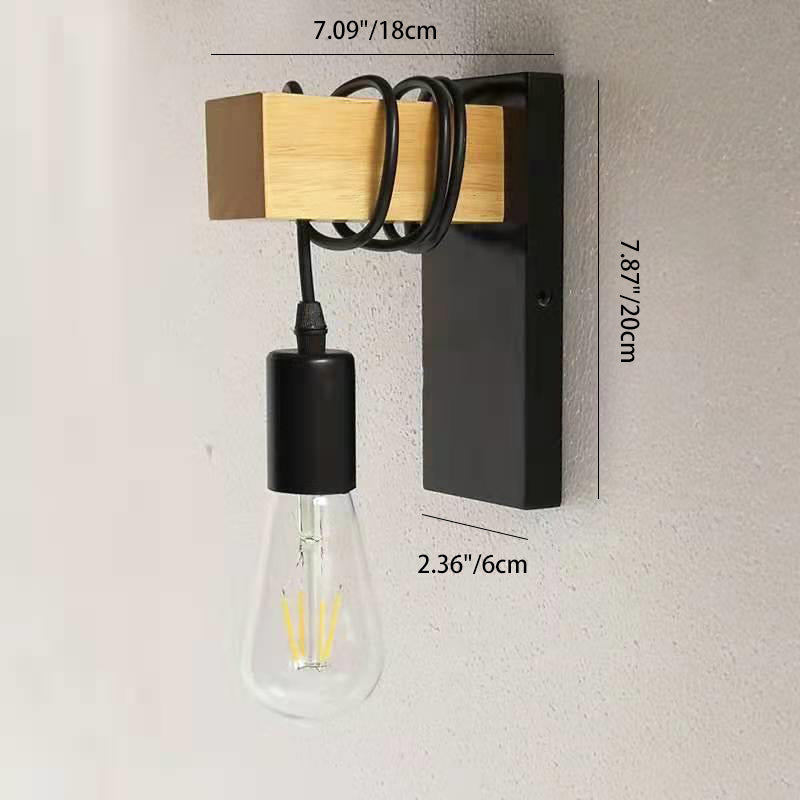 Aplique de pared contemporáneo industrial rectangular con base cuadrada de madera y brazo de vidrio con 1 luz para dormitorio 
