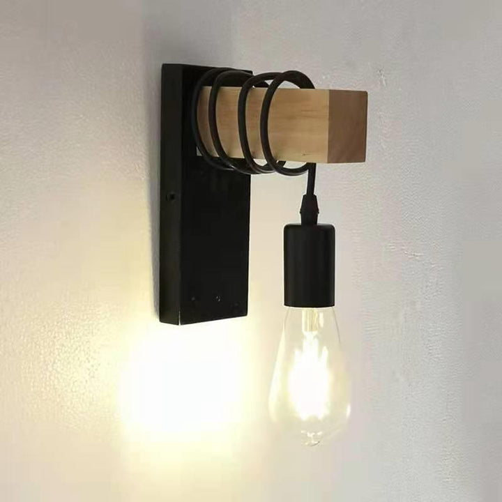 Aplique de pared contemporáneo industrial rectangular con base cuadrada de madera y brazo de vidrio con 1 luz para dormitorio 