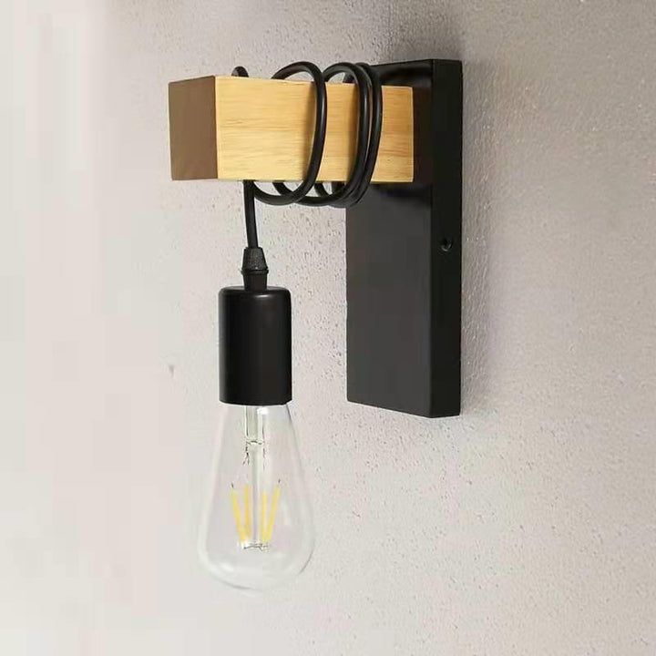 Aplique de pared contemporáneo industrial rectangular con base cuadrada de madera y brazo de vidrio con 1 luz para dormitorio 