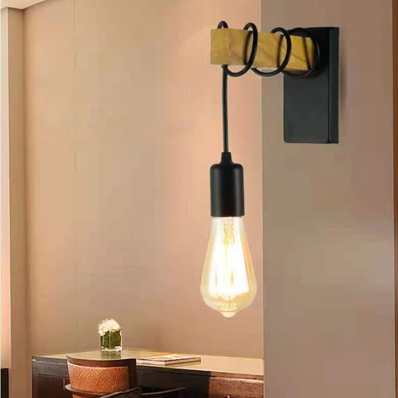 Aplique de pared contemporáneo industrial rectangular con base cuadrada de madera y brazo de vidrio con 1 luz para dormitorio 