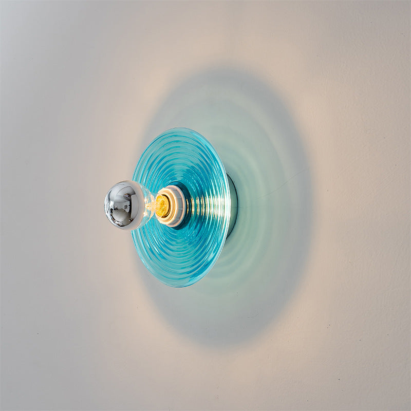 Modern Art Deco Colored Glass Stripes Round Disk Iron 1-Light Wall Sconce Lamp For Bedroom