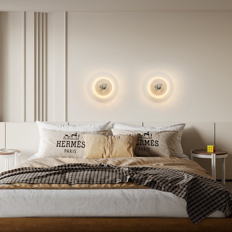 Modern Art Deco Colored Glass Stripes Round Disk Iron 1-Light Wall Sconce Lamp For Bedroom
