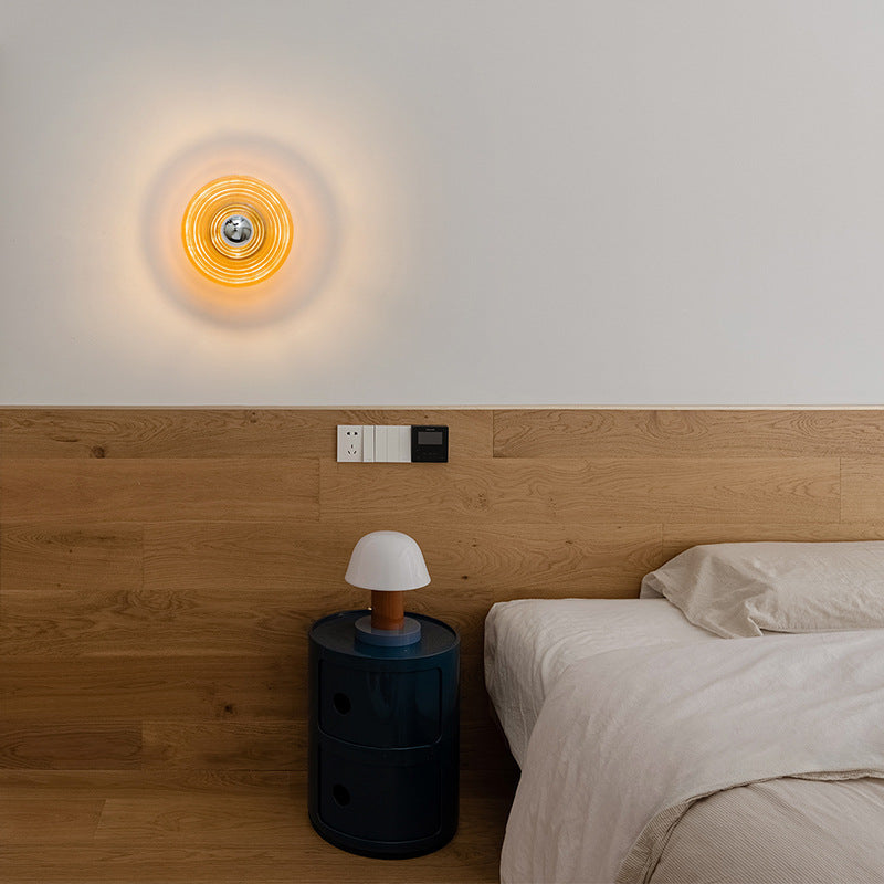 Modern Art Deco Colored Glass Stripes Round Disk Iron 1-Light Wall Sconce Lamp For Bedroom