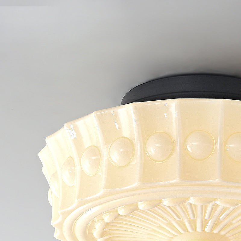 Zeitgenössisches Retro Eisen Glas Spitze Floral Relief Muster Trommelschirm 3-Licht Semi-Flush Mount Deckenleuchte Für Wohnzimmer 