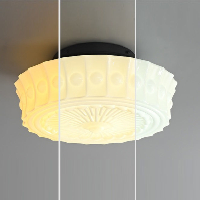 Plafonnier semi-encastré à 3 lumières avec abat-jour tambour à motif floral en dentelle de verre et fer rétro contemporain pour salon 