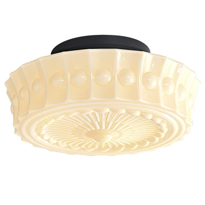 Plafonnier semi-encastré à 3 lumières avec abat-jour tambour à motif floral en dentelle de verre et fer rétro contemporain pour salon 