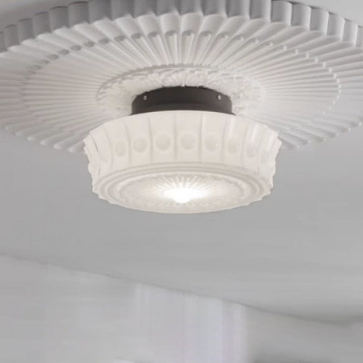 Zeitgenössisches Retro Eisen Glas Spitze Floral Relief Muster Trommelschirm 3-Licht Semi-Flush Mount Deckenleuchte Für Wohnzimmer 