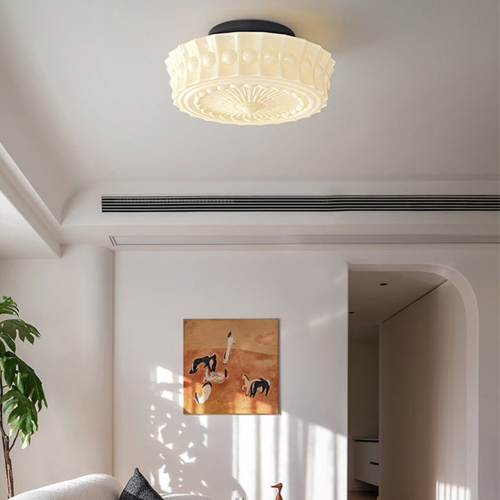Zeitgenössisches Retro Eisen Glas Spitze Floral Relief Muster Trommelschirm 3-Licht Semi-Flush Mount Deckenleuchte Für Wohnzimmer 
