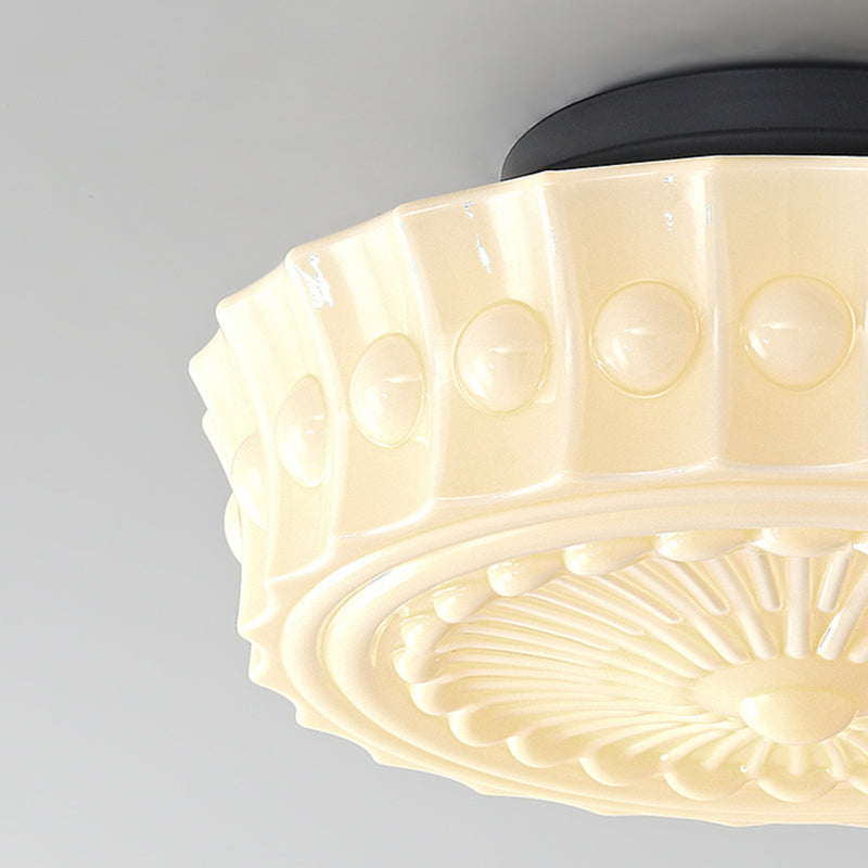 Plafonnier semi-encastré à 3 lumières avec abat-jour tambour à motif floral en dentelle de verre et fer rétro contemporain pour salon 