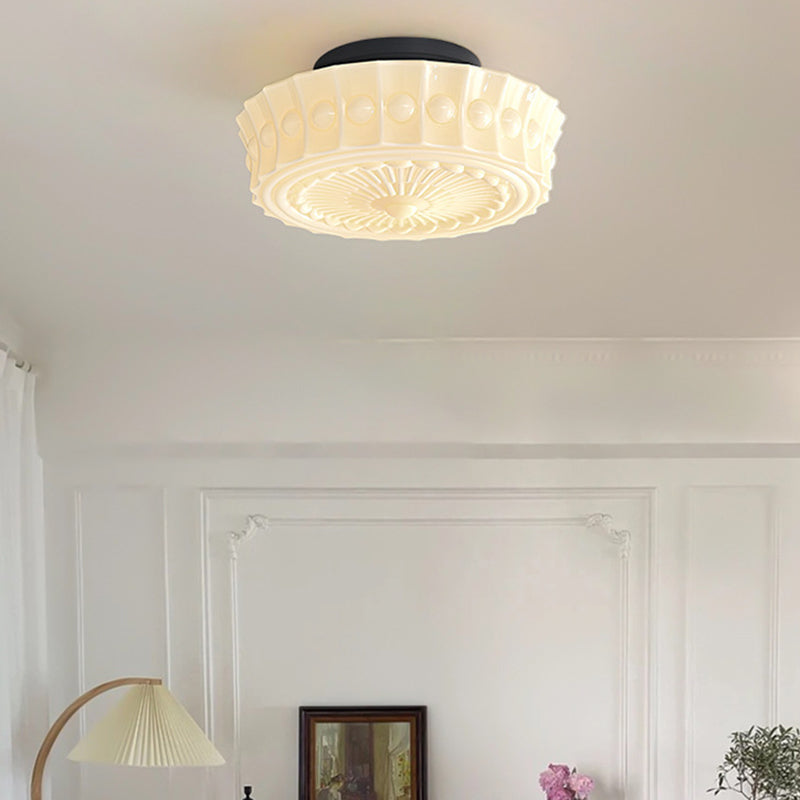 Plafonnier semi-encastré à 3 lumières avec abat-jour tambour à motif floral en dentelle de verre et fer rétro contemporain pour salon 
