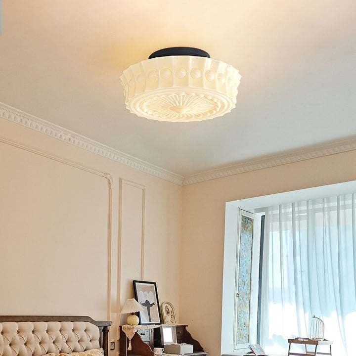 Zeitgenössisches Retro Eisen Glas Spitze Floral Relief Muster Trommelschirm 3-Licht Semi-Flush Mount Deckenleuchte Für Wohnzimmer 
