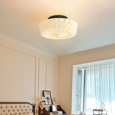 Plafonnier semi-encastré à 3 lumières avec abat-jour tambour à motif floral en dentelle de verre et fer rétro contemporain pour salon 