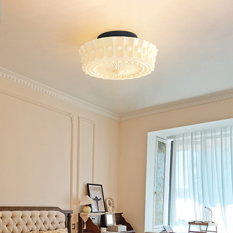 Plafonnier semi-encastré à 3 lumières avec abat-jour tambour à motif floral en dentelle de verre et fer rétro contemporain pour salon 