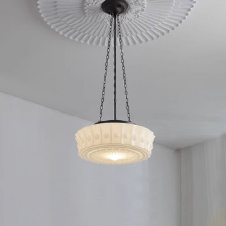 Lustre à 3 lumières avec abat-jour tambour en fer rétro contemporain en verre à motif de dentelle florale en relief pour salon 