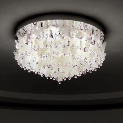 Lustre encastré LED en forme de papillon en cristal créatif contemporain en acier inoxydable avec carillon éolien en coquillage pour chambre à coucher 