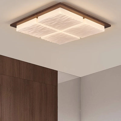 Traditional Japanese Acrylic Wood Base Rectangular Square Blocks Water Grain LED Flush Mount Ceiling Light For Hallway