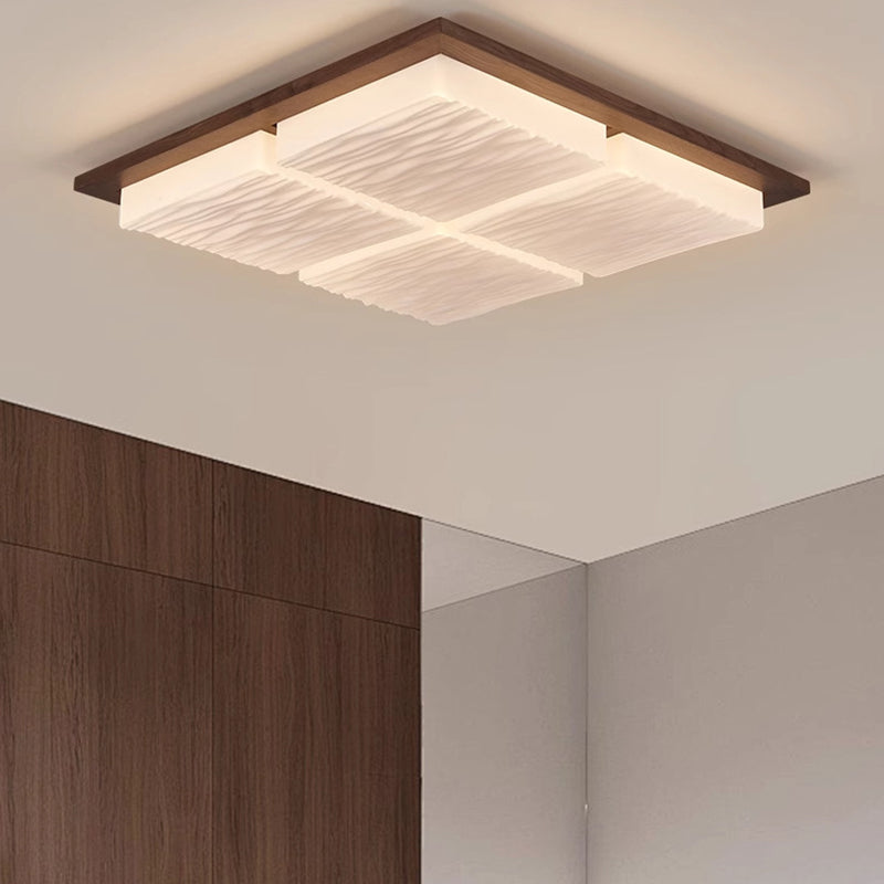 Traditional Japanese Acrylic Wood Base Rectangular Square Blocks Water Grain LED Flush Mount Ceiling Light For Hallway