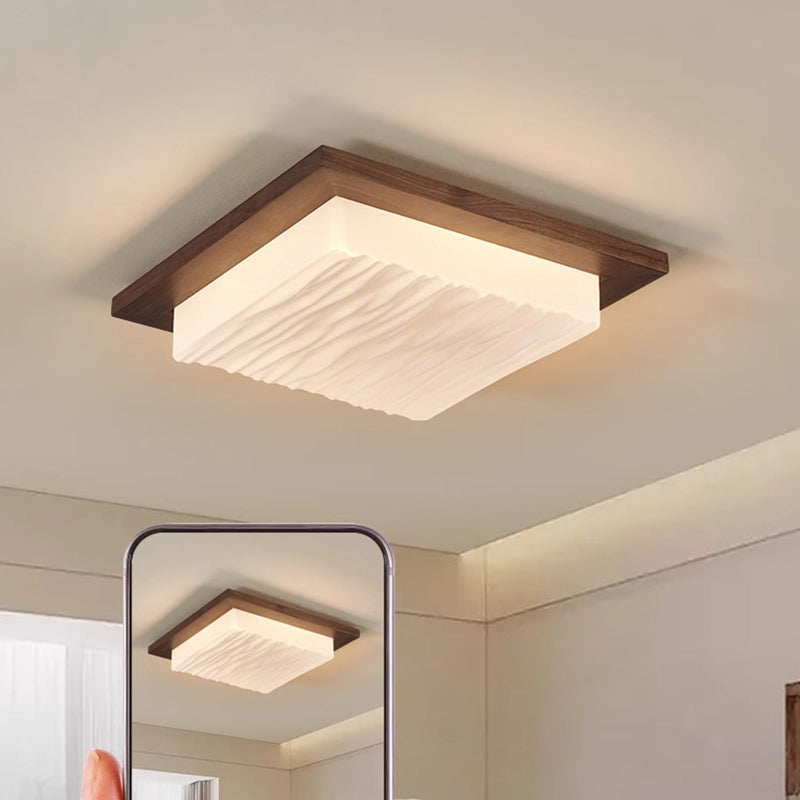 Traditional Japanese Acrylic Wood Base Rectangular Square Blocks Water Grain LED Flush Mount Ceiling Light For Hallway
