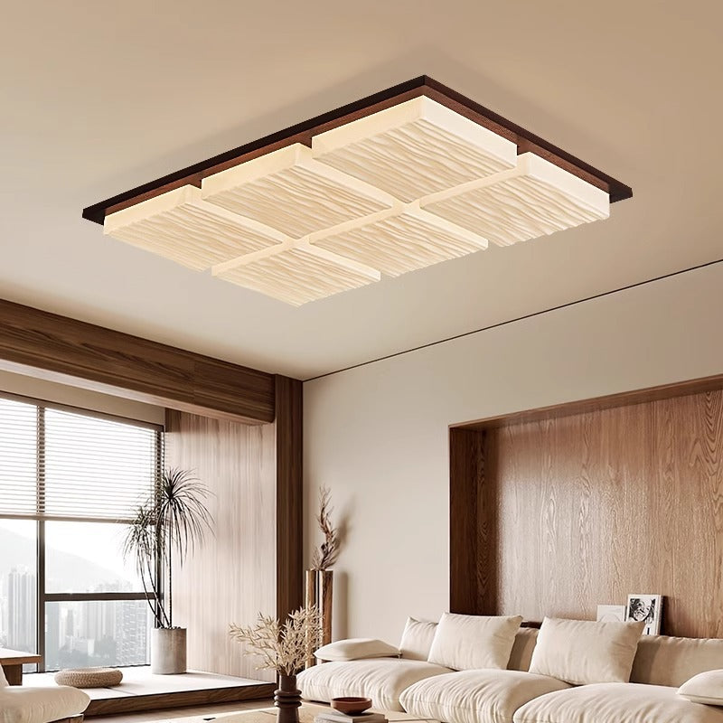 Traditional Japanese Acrylic Wood Base Rectangular Square Blocks Water Grain LED Flush Mount Ceiling Light For Hallway